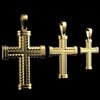 Three gold cross pendants with a twisted rope texture, displayed in three different sizes against a solid black background.