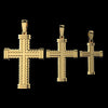 Three gold cross pendants with textured rope-like detailing and looped bail tops, displayed against a solid black background.