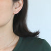Close-up of a woman's ear wearing a tiny gold stud earring, with dark hair and a dark green top against a pale blue background.